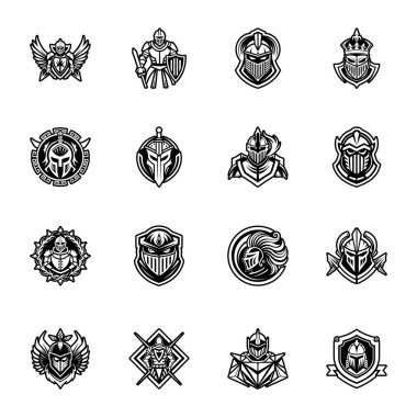 Kalkan ve zırh ikonunun vektör çizimi. Stok için amblem ve güvenlik vektör simgesi koleksiyonu.