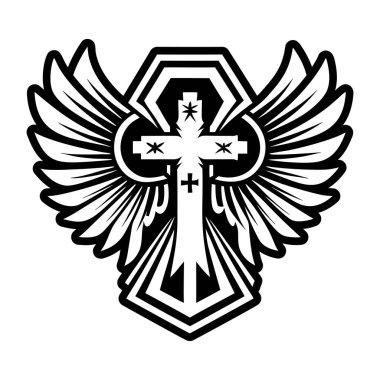 Bir Hıristiyan haçının amblemi ve kanatları. vektör illüstrasyonu