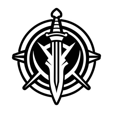 Beyaz üzerinde kılıç ve kılıç simgesi olan amblem kalkanı.