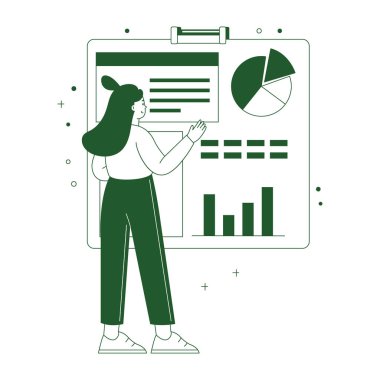 Elinde büyük bir veri tutan genç bir kadın. Düz biçimdeki vektör illüstrasyonu.