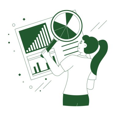 Büyüteç ve istatistik vektör çizimi tasarımı olan genç bir kadın.