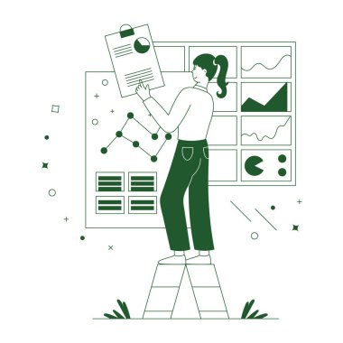 Yeşil takım elbiseli ve dizüstü bilgisayarlı gözlüklü bir kadın. Online iş konsepti. bir web sitesi için modern vektör illüstrasyonu.