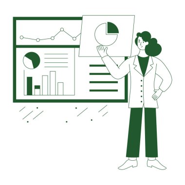 Çizelgesi ve pasta grafiği olan bir iş kadını.