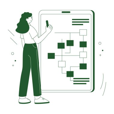 Pano ve kontrol listesi olan çevrimiçi eğitim ve tema vektör illüstrasyonunun simge tasarımına sahip kadın