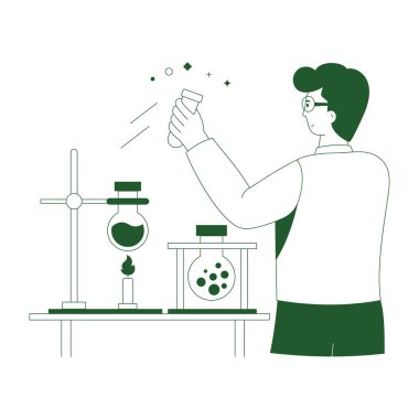 Genç beyaz adam gözlük takıyor ve elinde sıvı test tüpü tutuyor..