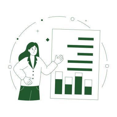 Elinde grafiği olan bir iş kadını. Çizgi film düz stiliyle vektör illüstrasyonu.