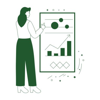 Beyaz arka planda büyük veriler sunan genç bayan karakter