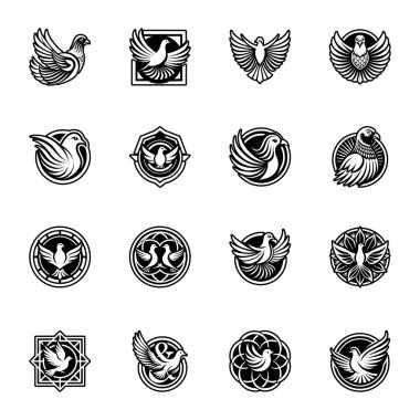 Kuş logosu dizayn şablonu, amblemi, tasarım ögesi, logo vektör çizimi seti.