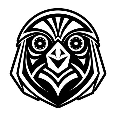 Sevimli bir baykuş yüzünün siyah beyaz çizimi.