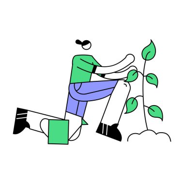 Bitki ve kürek taşıyıcı illüstrasyonlu genç adam