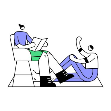 Tıbbi maskeli adam ve sandalye vektörü çizimi yapan kadın...