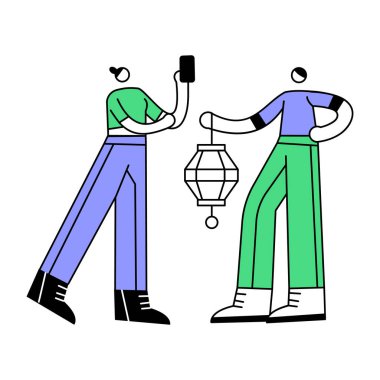 Akıllı telefonu ve mikrofonu olan iki adam.