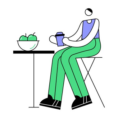 Sandalyede meyve yiyen bir adam var.