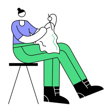 Sakallı ve sakallı genç bir adamın vektör çizimi sandalyesinde oturuyor ve elektro gitar tutuyor. Hobi ve eğlence kavramı