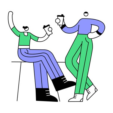 Birkaç arkadaş parkta kahve vektörü çizimleriyle dans ediyor.