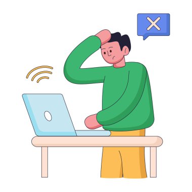 Beyaz arka planda dizüstü bilgisayarı olan adam, düz vektör çizimi.