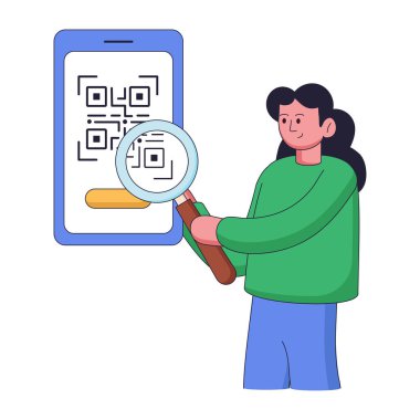 Qr kod vektör çizimi olan cep telefonu kullanan adam