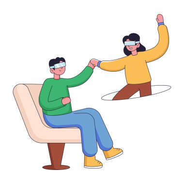 Sanal gerçeklik gözlüğü takan sıradan giyinmiş genç adamlar.