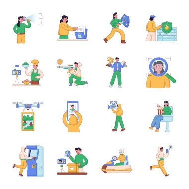 Tıbbi maskeli ve iş için farklı pozlar veren bir grup insan. Tıbbi maskeli bir adamın vektör çizimi, stetosu olan doktor ve hasta.