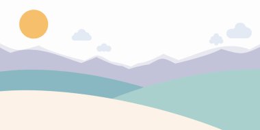 Dağlar, güneş ve yumuşak pastel renklerle minimalist bir şekilde resmedilmiş sakin bir manzara.