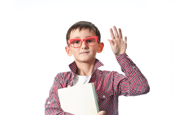 Porträtt av en ung lycklig pojke i röda glasögon . — Stockfoto