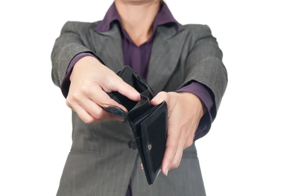 Młody biznes kobieta z pusty portfel - złamał — Zdjęcie stockowe