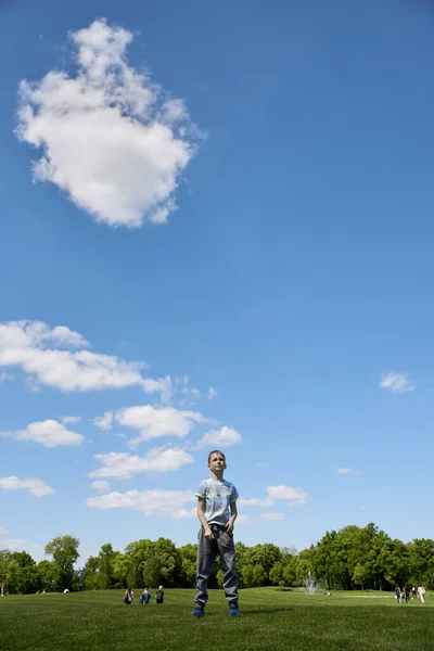 Αγόρι Ετών Εκτοξεύει Ένα Ανεμόπτερο Στον Ουρανό — Φωτογραφία Αρχείου