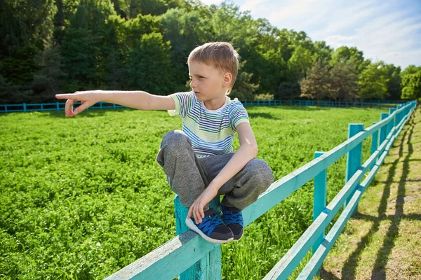Ein Jähriger Junge Steht Auf Dem Zaun Neben Der Wiese — Stockfoto