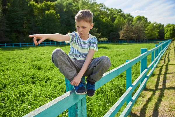 Ein Jähriger Junge Steht Auf Dem Zaun Neben Der Wiese — Stockfoto