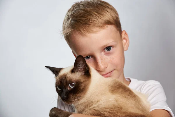 Ragazzo Anni Abbraccia Teneramente Suo Gatto Siamese — Foto Stock