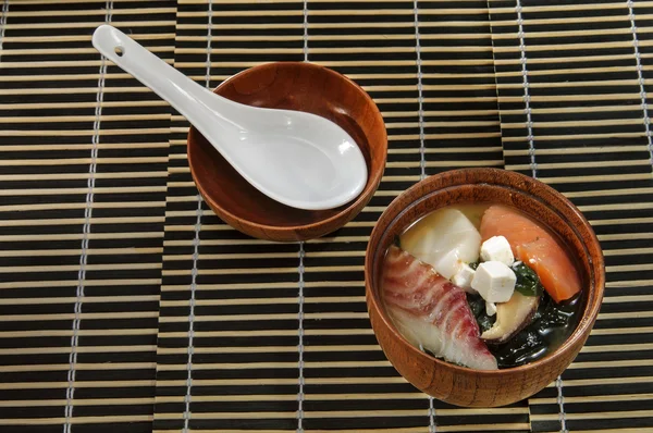 Sushi menu sushi with fish soup and cheese in a small platter — Stock Image Sushi menu sushi with fish soup and cheese in a small platter Stock Picture