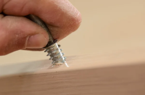 Montaje de muebles. Tornillo torcido maestro en el tablero de muebles —  Fotos de Stock