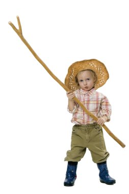 Country boy in a straw hat and a stick in his hands on a white background clipart