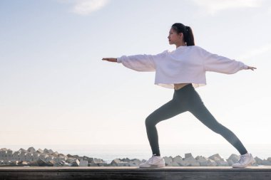 Deniz kenarında gün doğumunda yoga yapan genç Asyalı güzel bir kadın, rahatlama ve zihinsel sağlık kavramı, metin için kopyalama alanı
