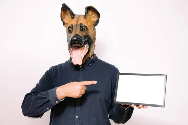 Osoba Psią Maską Pokazująca Wskazująca Cyfrowy Tablet Pustym Ekranem Białym — Zdjęcie stockowe