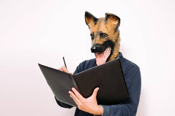 Person Dog Mask Taking Notes Notebook White Background Concept Reliable — Stock Photo, Image