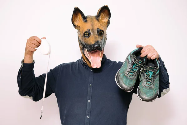 person with dog mask showing a pair of running shoes and a walking leash on white background, concept of sport and active lifestyle with pets