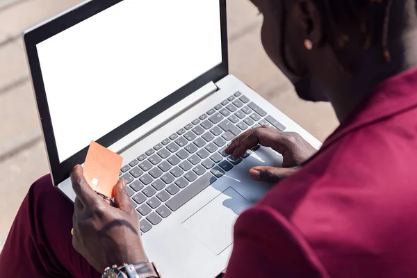 Unrecognizable Man Paying His Credit Card Online Purchase Made His — Stock Photo, Image