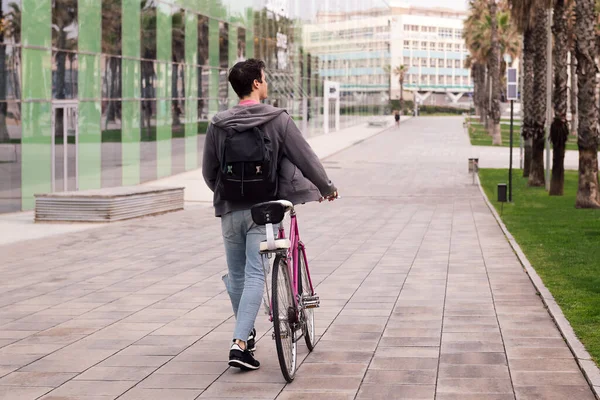 Вид Ззаду Молодого Чоловіка Рюкзаком Йде Штовхаючи Велосипед Концепція Стійкого — стокове фото