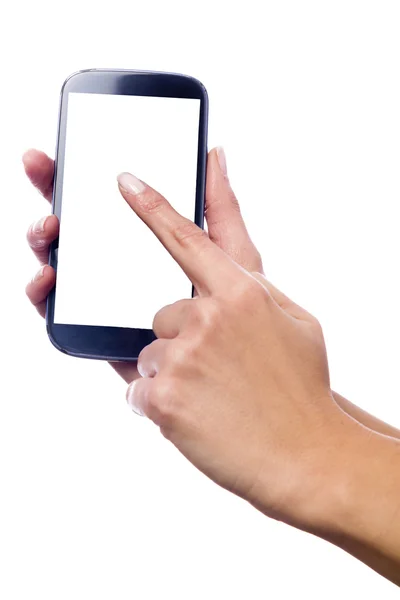 Hand touching the screen of a smartphone — Stock Photo, Image