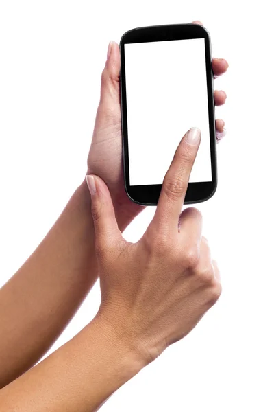 Hand touching the screen of a smartphone — Stock Photo, Image