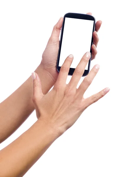 Hand touching the screen of a smartphone — Stock Photo, Image