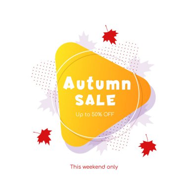 Sonbahar satış vektörü pankartı sonbahar yaprakları, sonbahar tipografisi ve indirimli metin içeren soyut arkaplan tasarımı. Vektör illüstrasyonu beyaz arkaplanda izole edildi