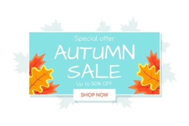 Sonbahar satış vektörü pankartı sonbahar yaprakları, sonbahar tipografisi ve indirimli metin içeren soyut arkaplan tasarımı. Vektör illüstrasyonu beyaz arkaplanda izole edildi