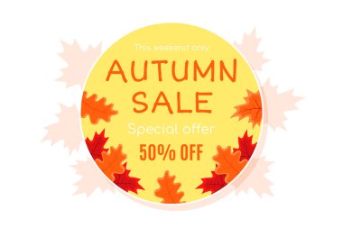 Sonbahar satış vektörü pankartı sonbahar yaprakları, sonbahar tipografisi ve indirimli metin içeren soyut arkaplan tasarımı. Vektör illüstrasyonu beyaz arkaplanda izole edildi
