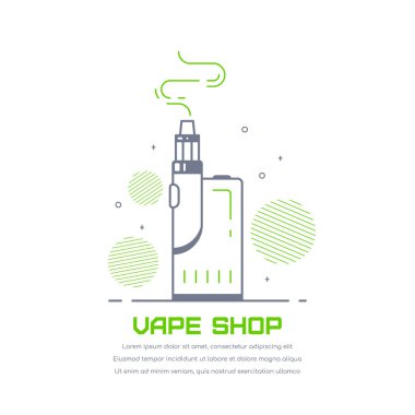 Vaping kutusu cihaz kiti ve mod. Vestiyer rozeti tasarımı beyaz arka planda izole edilmiş. Elektronik sigaranın düz stil tasviri. Tüttürme kavramı.