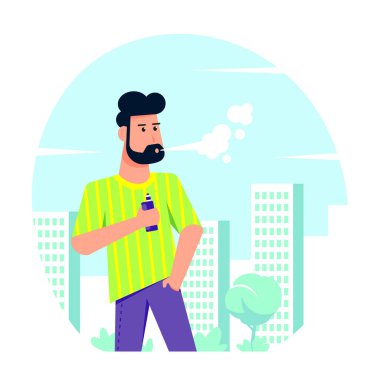 Buhar Etkinliği Konsepti. Kafkas Erkek Karakteri. Açık havada Vape içmenin tadını çıkarıyor. Sağlıksız Yaşam, Hippi Yaşam Tarzı Tasarım Beyaz arka planda tecrit edilmiş. Düz Biçim Bayrağı 