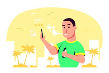 Buhar Etkinliği Konsepti. Kafkas Erkek Karakteri. Açık havada Vape içmenin tadını çıkarıyor. Sağlıksız Yaşam, Hippi Yaşam Tarzı Tasarım Beyaz arka planda tecrit edilmiş. Düz Biçim Bayrağı 