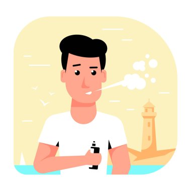 Buhar Etkinliği Konsepti. Kafkas Erkek Karakteri. Açık havada Vape içmenin tadını çıkarıyor. Sağlıksız Yaşam, Hippi Yaşam Tarzı Tasarım Beyaz arka planda tecrit edilmiş. Düz Biçim Bayrağı 