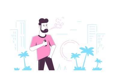 Buhar Etkinliği Konsepti. Kafkas Erkek Karakteri. Açık havada Vape içmenin tadını çıkarıyor. Sağlıksız Yaşam, Hippi Yaşam Tarzı Tasarım Beyaz arka planda tecrit edilmiş. Düz Biçim Bayrağı 